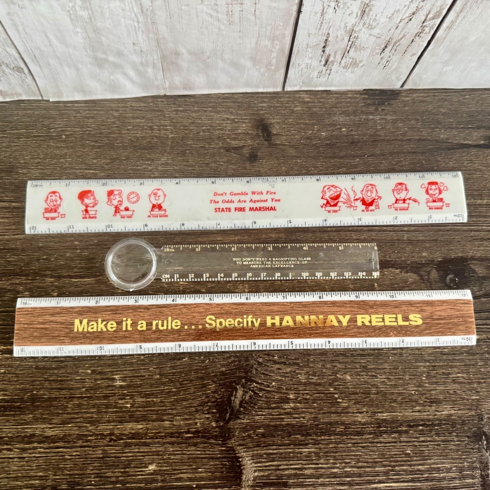 Vintage Fire Safety & Industrial Ruler Lot Hannay Reels American LaFrance 3pc